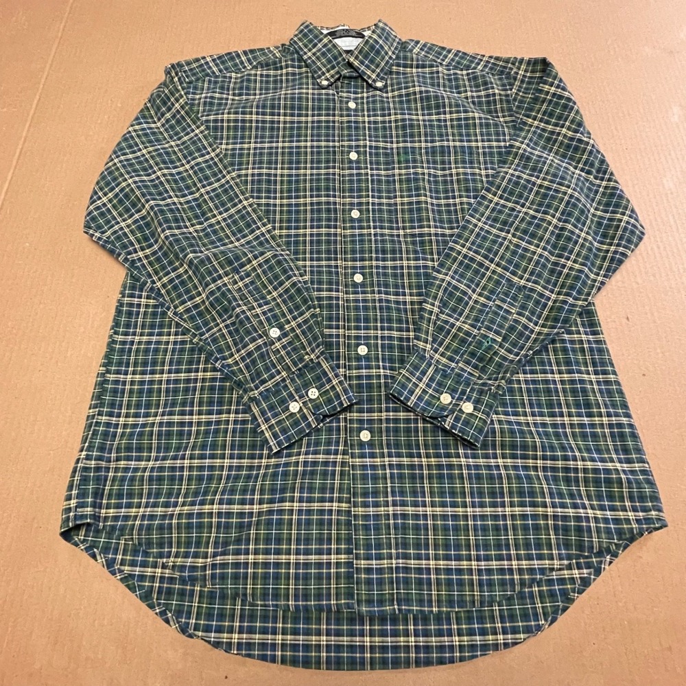 Vintage Tommy Hilfiger Blue Green Plaid Button Down Shirt Men's L 23.5 Pt to Pt